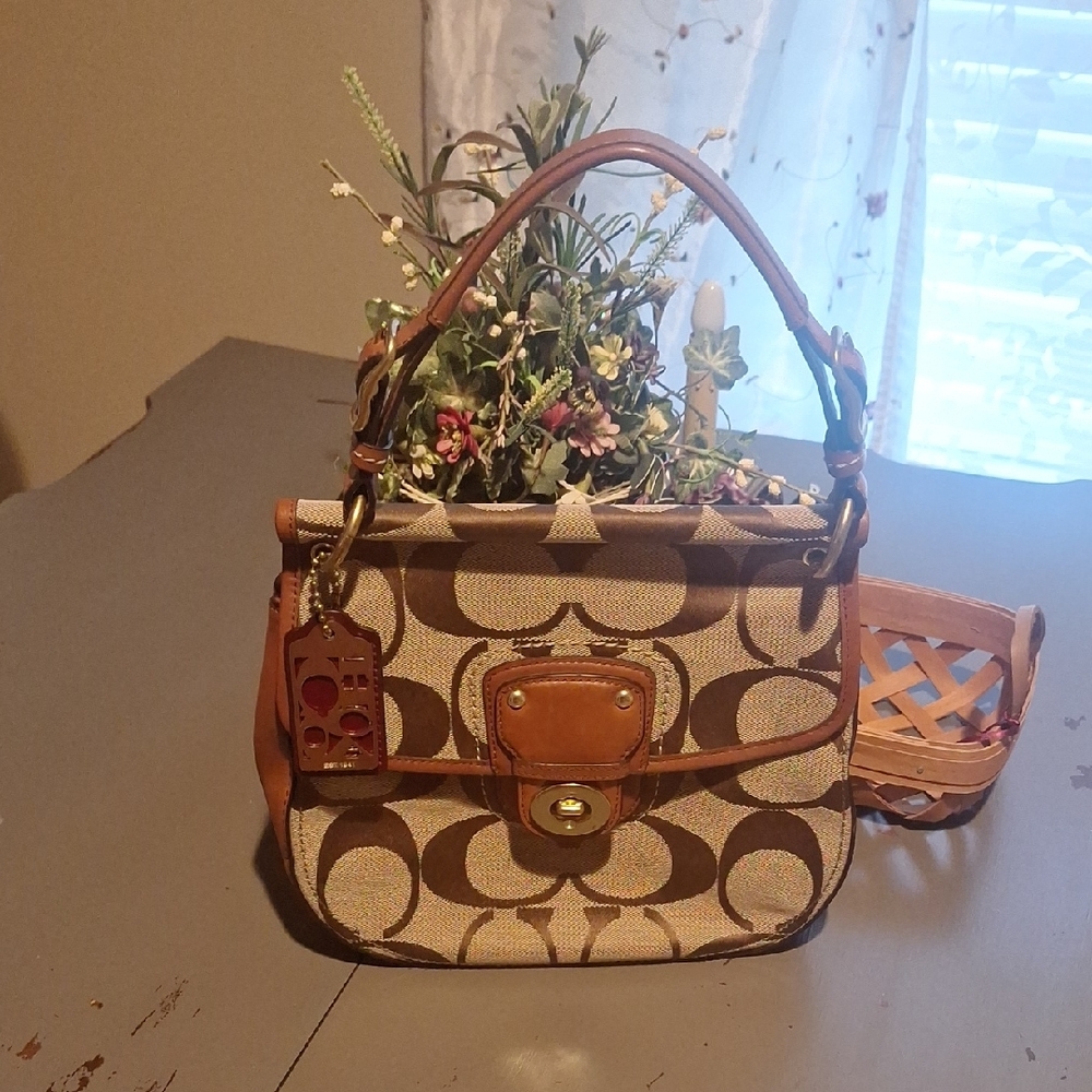 Coach Brown and Tan Shoulder Bag with Signature Pattern